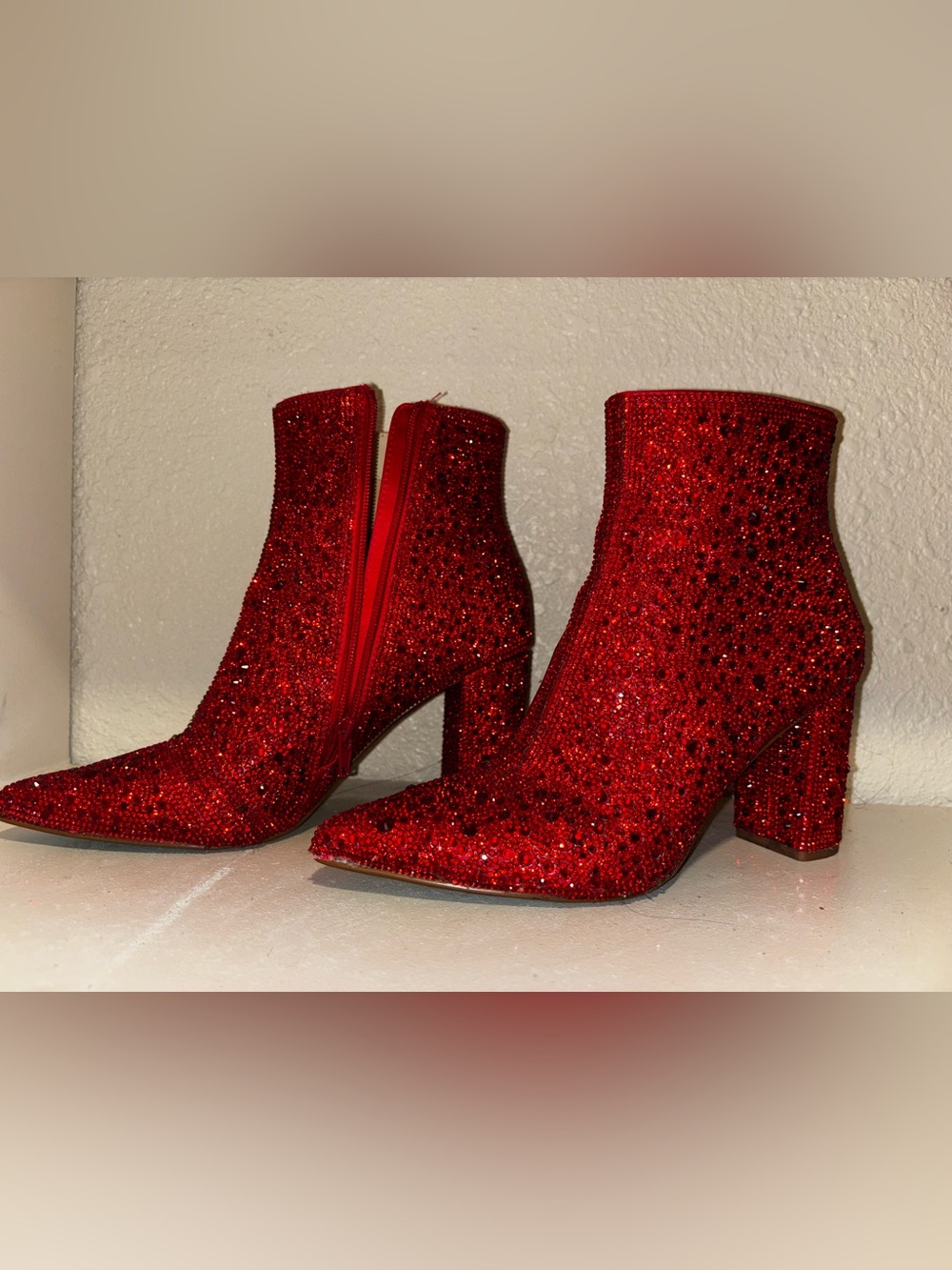 Betsey Johnson Cady Red Rhinestone Crystal Ankle Booties Size 8.5